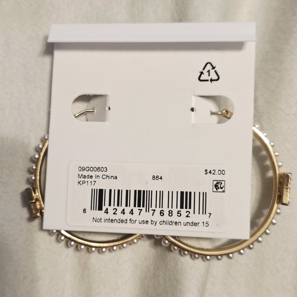 Karl Lagerfield Paris Faux Pearl Hoop Gold Earrings With Karl Crystal Logo - Picture 6 of 9